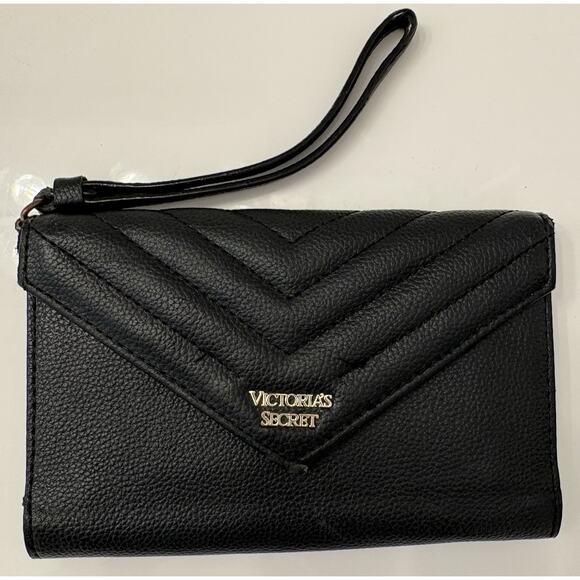 Victoria's Secret Handbags - Victoria's Secret V-Quilt Envelope Wallet Wrist Strap Black Faux Leather